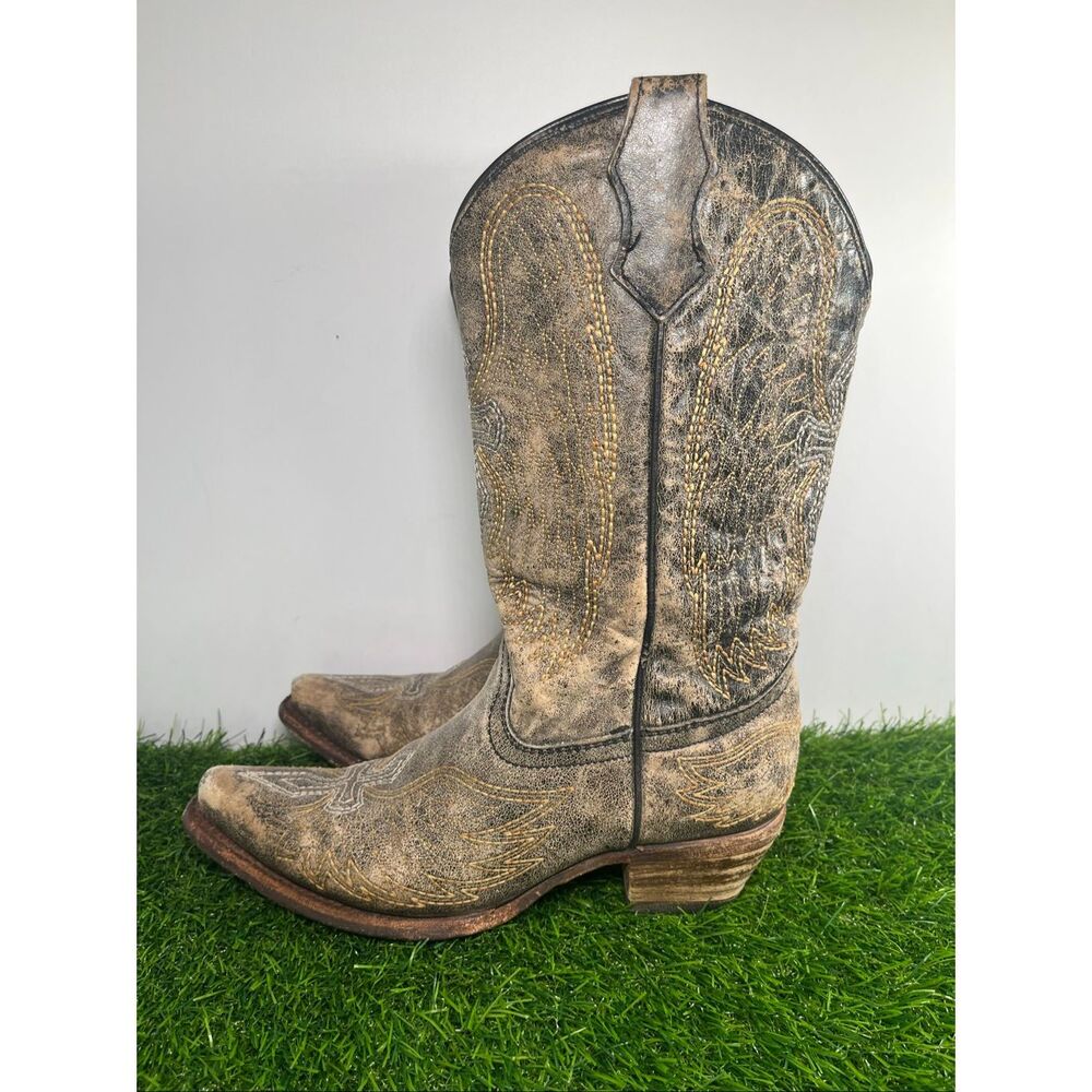 Corral Kids Cowboy Boots Youth 3.5 Brown Distressed Leather Cross Embroidered We